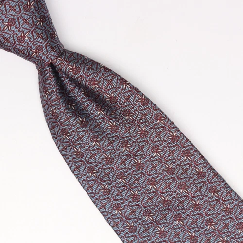 Josiah France Mens Silk Necktie Steel Blue Burgundy White Floral Macclesfield