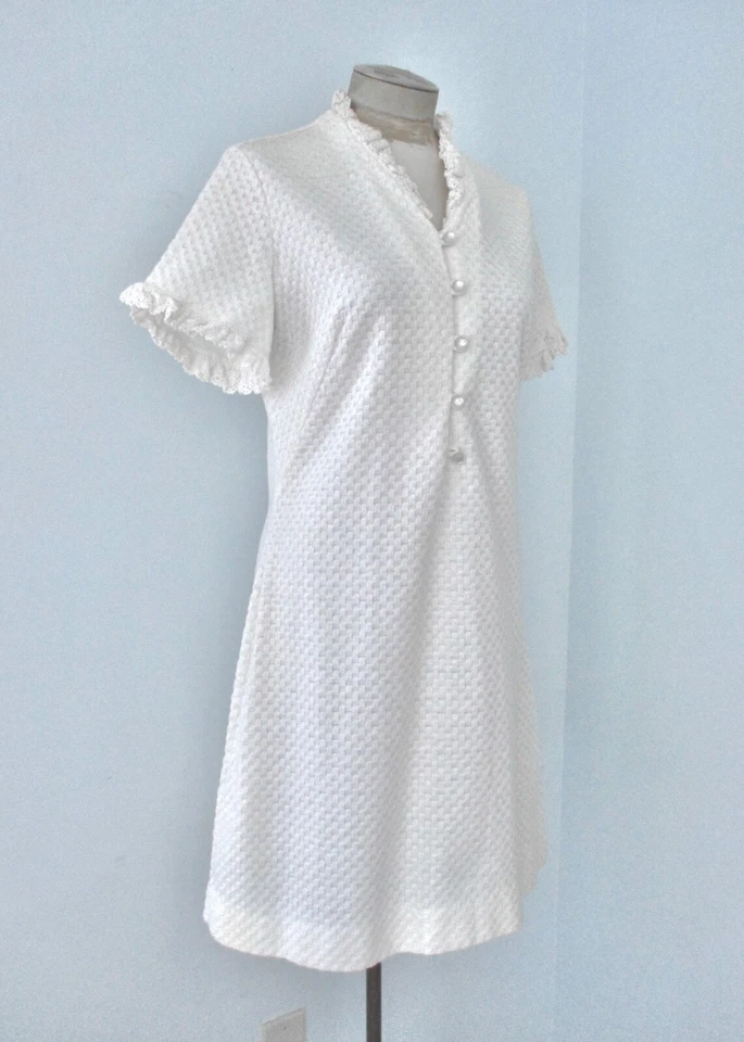 Винтажный 60-х 70-х Beeline белая решетка трикотажа секретарь платье кружева отделки кнопка петли 15 - Изображение 4 из 4