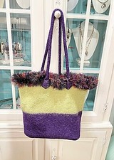 Felted Wool Tote Bag Purple/Green With Fringe For Knitting, Crochet, Books, etc.