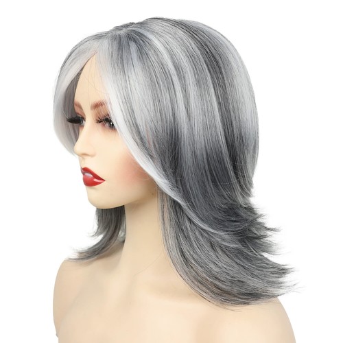 Short Ombre Grey Bob Natural Straight Hair Wig Mix Gray Heat Safe Synthetic Wig - Picture 2 of 11