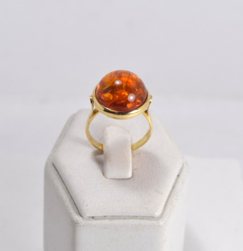 18kt YELLOW GOLD RING WITH ROUND AMBER 14mm OGNK 0131 - Picture 1 of 3