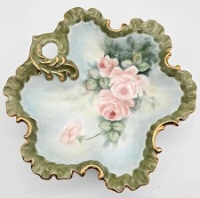 Vintage Porcelain Floral Candy Dish Ruffled Handpainted Green Pink Gold Bowl