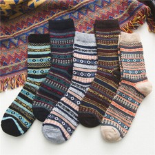 5x Men Wool Cashmere Crew Socks Warm Thick Casual Sport Soft Stripe Retro 7-11