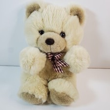 A  A Plush Teddy Bear Tan with Plaid Bow Fluffy Stuffed Animal 10 in