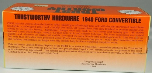 TRUSTWORTHY HARDWARE 1/25TH SCALE LTD EDITION 1940 FORD DIE CAST CAR COIN BANK - Bild 11 von 12