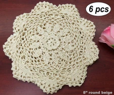 Creative Linens 6 Pieces 8" Round Crochet Lace Doily Beige 100% Cotton Handmade
