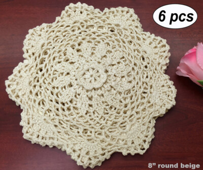 Creative Linens 6 Pieces 8'' Round Crochet Lace Doily Beige 100% Cotton Handmade