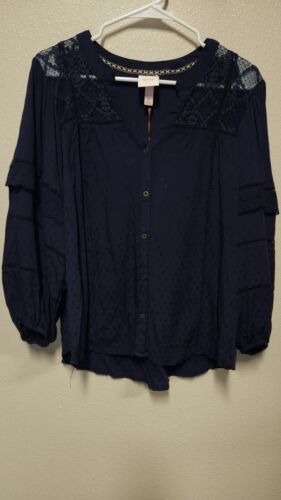 Knox Rose Women's Navy V Neck Button Down Blouse Shirt Size XL
