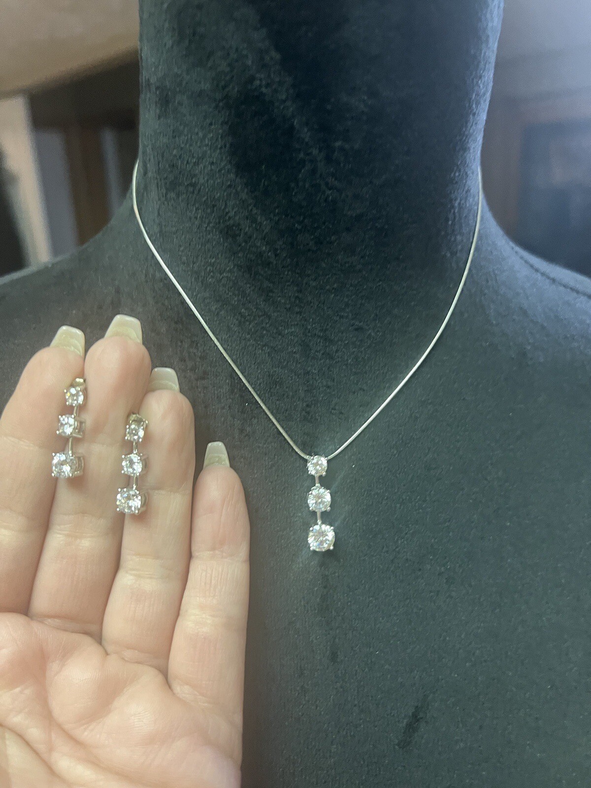 Unsigned Clear Stone Dangle Three Stone Crystal P… - image 2