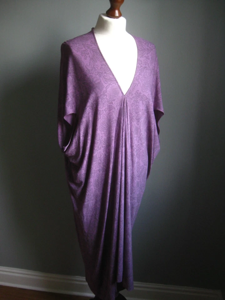 JAEGER KIMONO SILK DRESS purple relaxed lagenlook drape 14 16 kaftan maxi summer