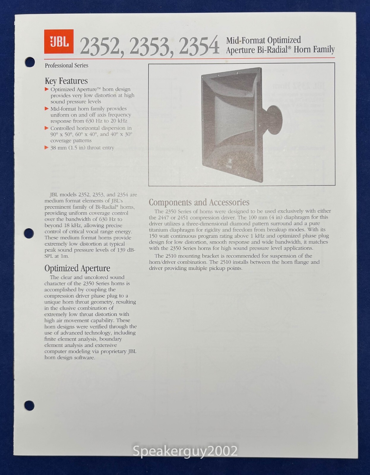 Original JBL Spec - Specification Sheet / 2352 2353 2354 Bi-Radial Horn Family