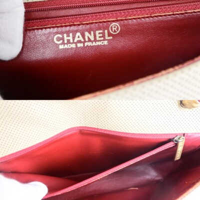 CHANEL CC Logo Punching Bicolor Shoulder Bag Leather Beige Red GHW