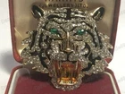 Art Deco Vtg 80s Style Crystal Enamel Tiger Brooch / Pendant Shawl Pin Jewellery