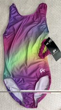 GK Elite Gymnastics Tank Leotard Ombre Pink Purple Green w/scrunchie Adult S NWT