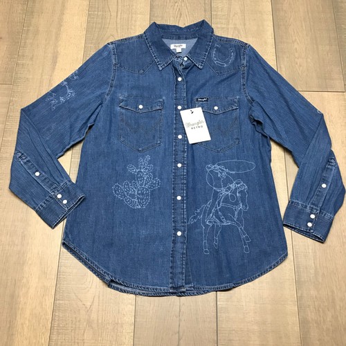 Chemise Wrangler Cowgirl Western - Bleu à Carreaux Métallisés, Perles - Taille L