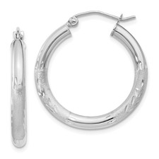 20mm 14K White Gold Satin Shiny-Cut 3mm Round Hoop Earrings TC277