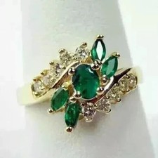 Lab Created Green Emerald 3Ct Oval Cut Halo Wedding Ring 14K Yellow Gold Plated