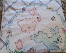 Vtg Baby Quilt Throw Appliqued Embroidered Bunnies Tulips 28 1/4 x 39 1/2