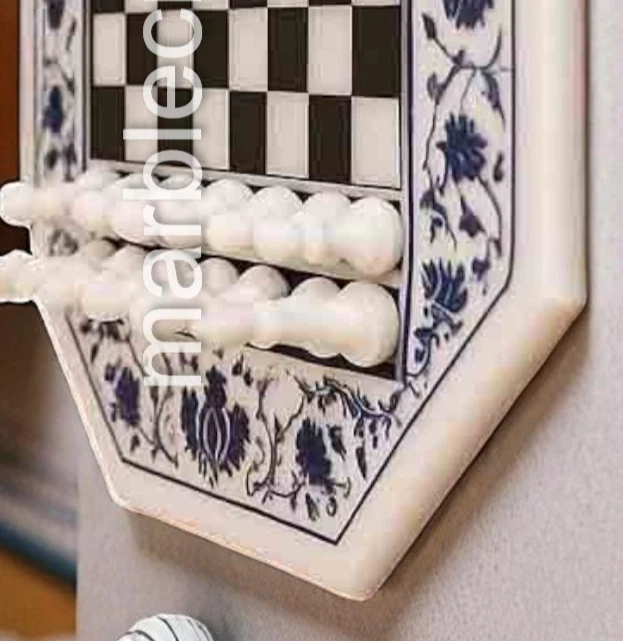 Juego de ajedrez con incrustaciones de mármol blanco con piezas para adultos diseño de arte floral de lapislázuli Foto 3 de 4