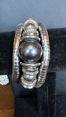 Beaded Coiled Silvertone  Metal Wraparound  Bracelet Size 8