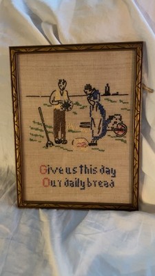 Vintage Embroidery Give Us This Day Our Daily Bread Framed10.5x14