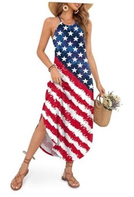 Women's Summer Casual Halter Side Slit Maxi Beach Dress X-Small Usa Flag J8  | eBay