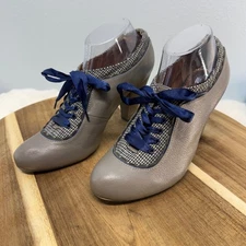 Poetic Licence Booties Grey Leather Blue Ribbon Houndstooth Pattern Retro Heels