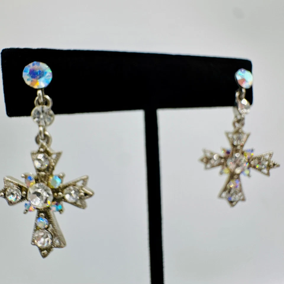 Pendientes colgantes cruzados de diamantes de imitación de cristal de plata de ley joyería de fe brillante Foto 4 de 4