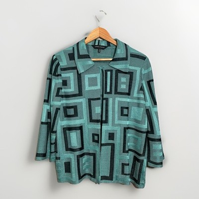 Ming Wang Knit Jacket Open Front Womens Large Career Office Print Green Black