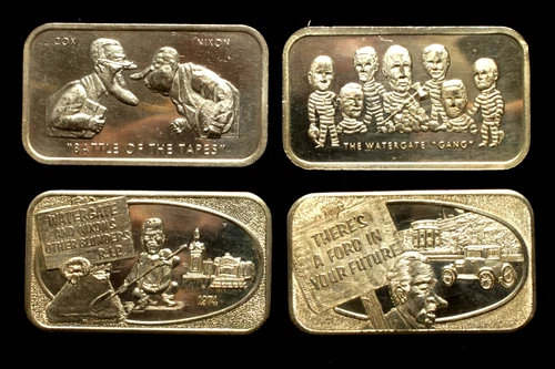 Lot of 4 Vintage 1 Oz. .999 Fine Silver Art Bars    "Watergate"    1973 & 1974