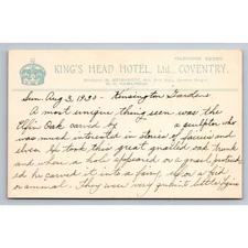 King's Head Hotel Coventry Postcard Vintage 1900s Ephemera Collectible