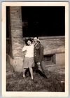 Vtg B&W Snapshot Playful Couple Man In Military Uniform Woman In Hat 1940s WW2