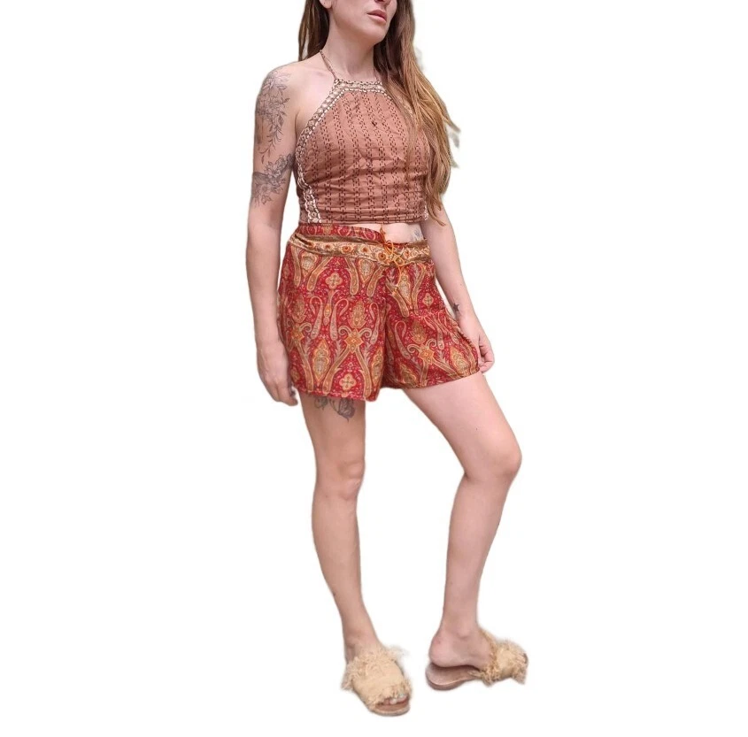 Pantalones Cortos 100% Seda S M Festival Capri Ligeros Aireados Verano Playa De Colección Boho Hippie Foto 3 de 4