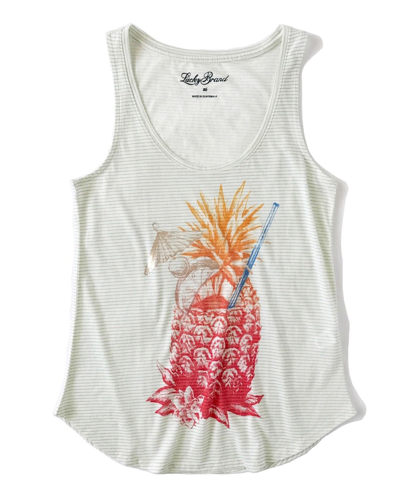 Lucky Brand Womens XS - NWT - Striped Tropical Pineapple Drink Graphic Tank  Top