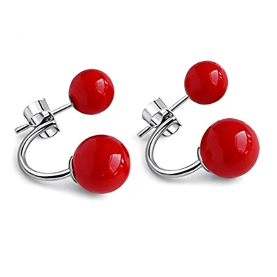 Boucles d'Oreilles - Femme - Puces - Double - Perle - Rouge - Argent Fin 925 - Photo 1/4