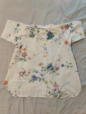 Vtg. Floral House Coat Short Duster Yellow Buttons Pocket Handsewn Size M