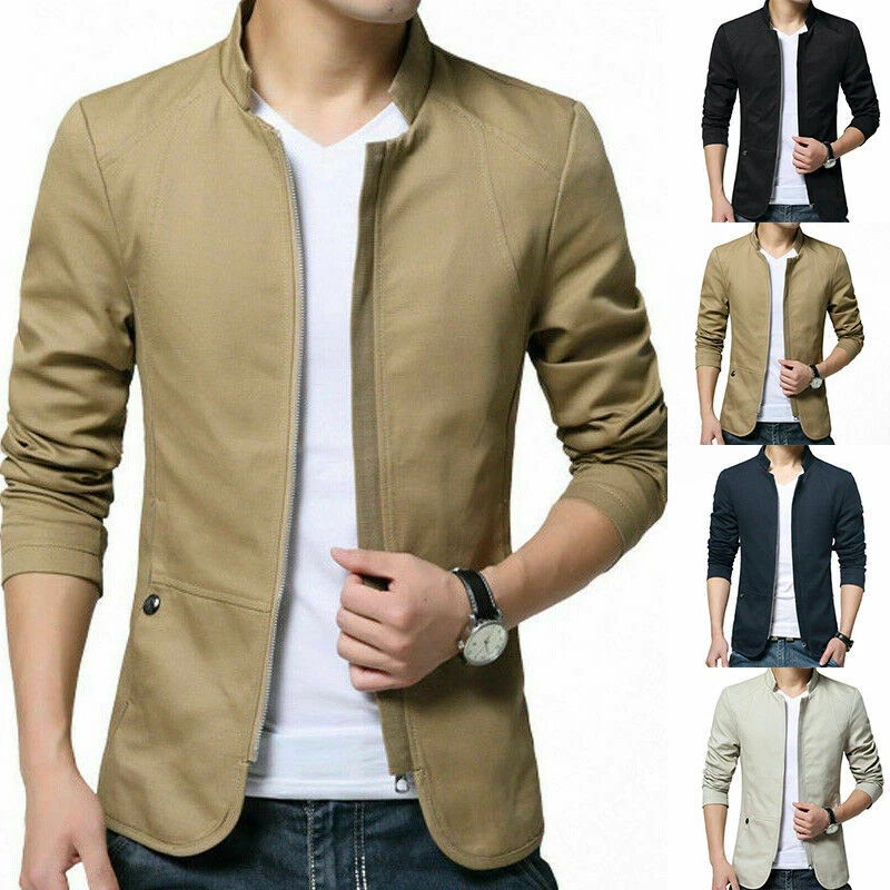 Mens Casual Jacket Blazer Coat Formal Button Stand Collar Slim Fit