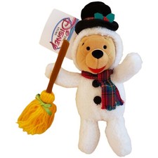 8" Winnie the Pooh Plush Beanie Snowman Broom Top Hat Disney Store Theme Park