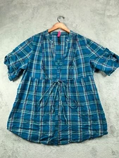 Pure Energy 3 Top Shirt Womens 22 24 Plus Blue Plaid Tie Blouse Short Sleeve