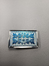 Vintage Western Style Dress Belt Buckle Silver Tone Metal w/ Blue Accents VGUC