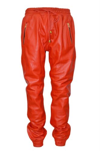 MENS RED JOGGING TROUSERS REAL LEATHER  SWEAT TRACK HIP HOP BOTTOM  MOTORCYCLE  - Picture 1 of 5