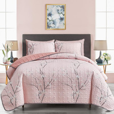 3 Pieces Reversible Pink Branch Quilt Set Queen Full Size 88X88 Soft Microfiber
