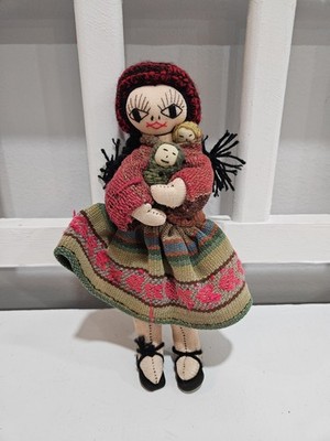 Vintage Peruvian Handmade Folk Cloth Rag Doll Mom & 2 Babies, Detailed Stitch