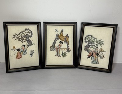 Vintage Framed Embroider Needlepoint Japanese Cross Stitch Geisha 5x7 Set Of 3