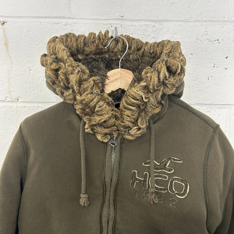 De Colección Y2K Hollister Imitación Piel Forrada a Cuadros Chaqueta Pesada Sudadera con Capucha Cremallera Completa “Oliva” Foto 3 de 4