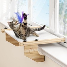 Cat Window Perch Large - 21.7" Natural Unpainted Wood  Feather Toy Easy Install