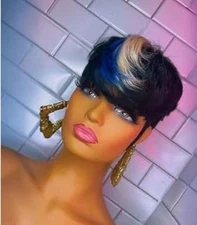 Pixie Cut Wig Blue Short Layered Pixie Wigs Human Hair Wigs