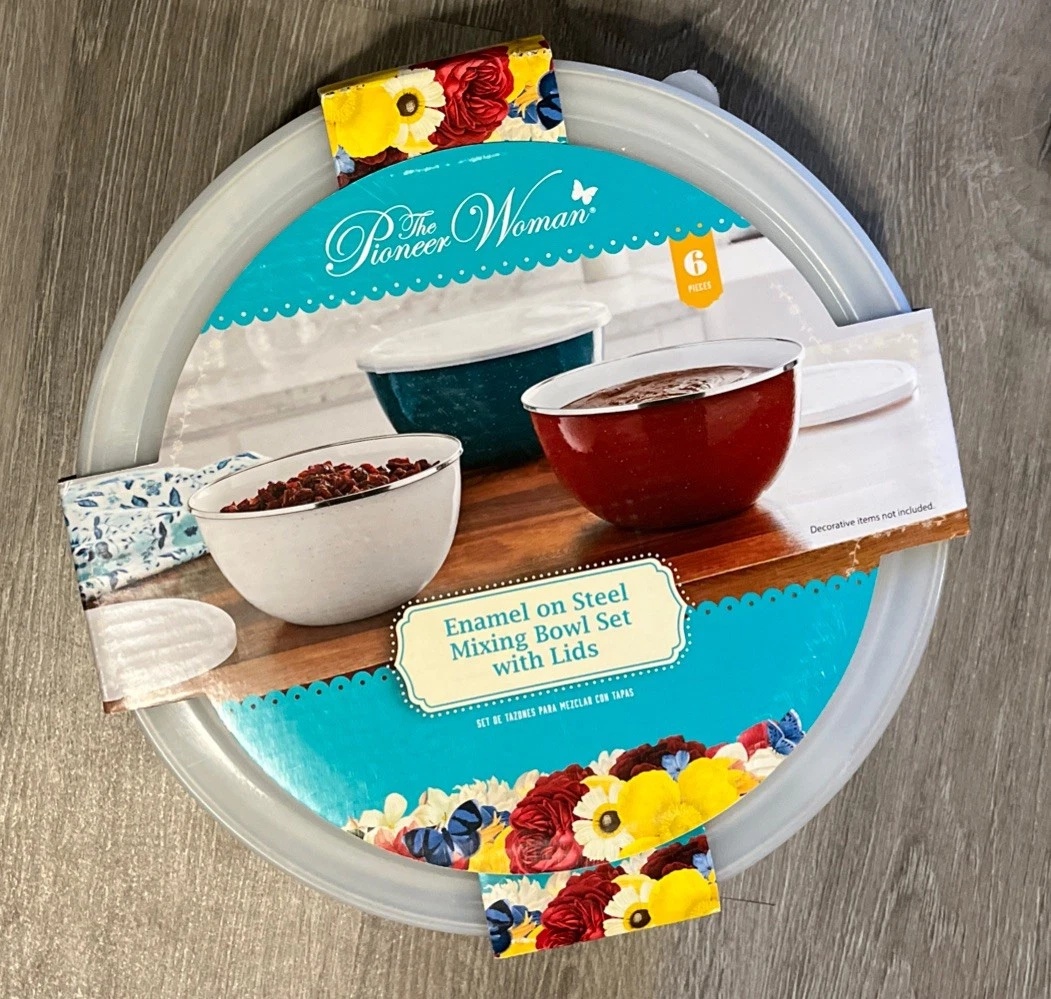 Pioneer Woman 6-Pc Enamel on Steel Mixing Bowls Lids Teal Merlot Linen Speckle
