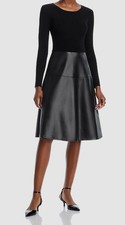 T Tahari Women's Black Mixed Media Long Sleeve Midi Dress Size XL