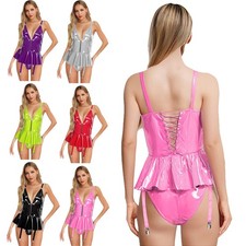 Womens Dress Sleeveless Clubwear Bodycon Jumpsuit Glossy Nightwear Party Sexy
